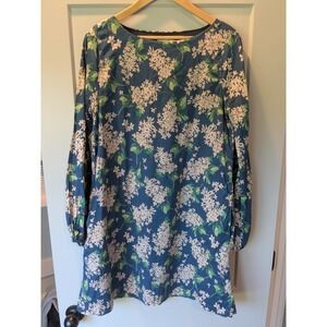 Ann Mashburn Floral Print Long‎ Sleeve Dress Blue White Size M